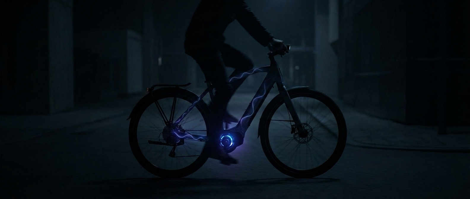 A high-tech bicycle drivetrain with glowing components